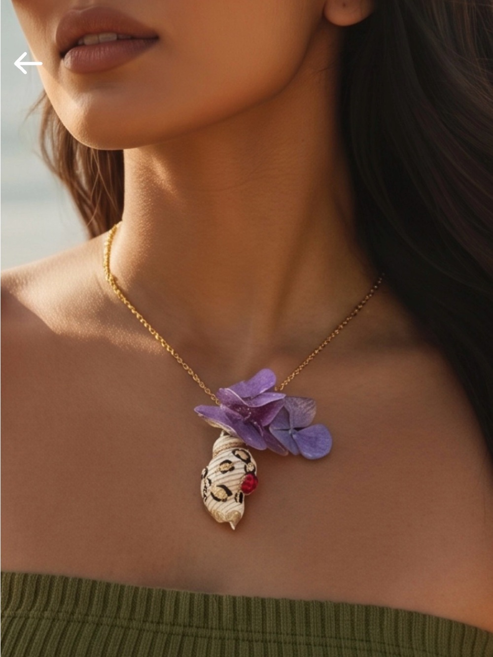 Gold Tone Shell Pendant Necklace with Purple Flower Accent